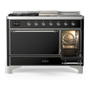 ILVE Majestic III 48-inch Dual Fuel Range with 5 Liquid Propane Burner, Griddle, French Top and Solid Door Electric Oven in Glossy Black with Chrome Trim (UM48FSQNR3BKCLP)