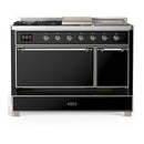 ILVE Majestic III 48-inch Dual Fuel Range with 5 Natural Gas Burner, Griddle, French Top and Solid Door Electric Oven in Glossy Black with Chrome Trim (UM48FSQNR3BKC)