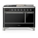 ILVE Majestic III 48-inch Dual Fuel Range with 5 Liquid Propane Burner, Griddle, French Top and Solid Door Electric Oven in Glossy Black with Chrome Trim (UM48FSQNR3BKCLP)