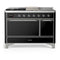 ILVE Majestic III 48-inch Dual Fuel Range with 5 Natural Gas Burner, Griddle, French Top and Solid Door Electric Oven in Glossy Black with Chrome Trim (UM48FSQNR3BKC)