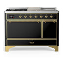 ILVE Majestic III 48-inch Dual Fuel Range with 5 Natural Gas Burner, Griddle, French Top and Solid Door Electric Oven in Glossy Black with Brass Trim (UM48FSQNR3BKG)