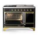 ILVE Majestic III 48-inch Dual Fuel Range with 5 Natural Gas Burner, Griddle, French Top and Solid Door Electric Oven in Glossy Black with Brass Trim (UM48FSQNR3BKG)