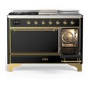 ILVE Majestic III 48-inch Dual Fuel Range with 5 Liquid Propane Burner, Griddle, French Top and Solid Door Electric Oven in Glossy Black with Brass Trim (UM48FSQNR3BKGLP)