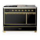 ILVE Majestic III 48-inch Dual Fuel Range with 5 Liquid Propane Burner, Griddle, French Top and Solid Door Electric Oven in Glossy Black with Brass Trim (UM48FSQNR3BKGLP)