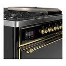 ILVE Majestic III 48-inch Dual Fuel Range with 5 Natural Gas Burner, Griddle, French Top and Solid Door Electric Oven in Glossy Black with Brass Trim (UM48FSQNR3BKG)