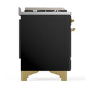 ILVE Majestic III 48-inch Dual Fuel Range with 5 Natural Gas Burner, Griddle, French Top and Solid Door Electric Oven in Glossy Black with Brass Trim (UM48FSQNR3BKG)