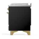 ILVE Majestic III 48-inch Dual Fuel Range with 5 Natural Gas Burner, Griddle, French Top and Solid Door Electric Oven in Glossy Black with Brass Trim (UM48FSQNR3BKG)