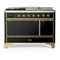 ILVE Majestic III 48-inch Dual Fuel Range with 5 Natural Gas Burner, Griddle, French Top and Solid Door Electric Oven in Glossy Black with Brass Trim (UM48FSQNR3BKG)