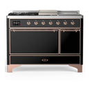 ILVE Majestic III 48-inch Dual Fuel Range with 5 Natural Gas Burner, Griddle, French Top and Solid Door Electric Oven in Glossy Black with Copper Trim (UM48FSQNR3BKP)
