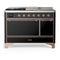 ILVE Majestic III 48-inch Dual Fuel Range with 5 Natural Gas Burner, Griddle, French Top and Solid Door Electric Oven in Glossy Black with Copper Trim (UM48FSQNR3BKP)