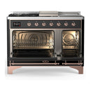 ILVE Majestic III 48-inch Dual Fuel Range with 5 Natural Gas Burner, Griddle, French Top and Solid Door Electric Oven in Glossy Black with Copper Trim (UM48FSQNR3BKP)