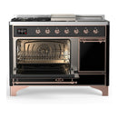 ILVE Majestic III 48-inch Dual Fuel Range with 5 Natural Gas Burner, Griddle, French Top and Solid Door Electric Oven in Glossy Black with Copper Trim (UM48FSQNR3BKP)