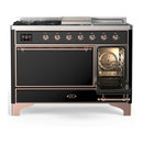 ILVE Majestic III 48-inch Dual Fuel Range with 5 Natural Gas Burner, Griddle, French Top and Solid Door Electric Oven in Glossy Black with Copper Trim (UM48FSQNR3BKP)