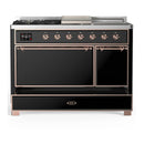 ILVE Majestic III 48-inch Dual Fuel Range with 5 Natural Gas Burner, Griddle, French Top and Solid Door Electric Oven in Glossy Black with Copper Trim (UM48FSQNR3BKP)