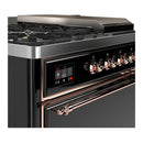 ILVE Majestic III 48-inch Dual Fuel Range with 5 Natural Gas Burner, Griddle, French Top and Solid Door Electric Oven in Glossy Black with Copper Trim (UM48FSQNR3BKP)