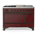ILVE Majestic III 48-inch Dual Fuel Range with 5 Natural Gas Burner, Griddle, French Top and Solid Door Electric Oven in Burgundy with Burnished Trim (UM48FSQNR3BUB)