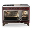ILVE Majestic III 48-inch Dual Fuel Range with 5 Liquid Propane Burner, Griddle, French Top and Solid Door Electric Oven in Burgundy with Burnished Trim (UM48FSQNR3BUBLP)