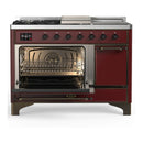 ILVE Majestic III 48-inch Dual Fuel Range with 5 Natural Gas Burner, Griddle, French Top and Solid Door Electric Oven in Burgundy with Burnished Trim (UM48FSQNR3BUB)
