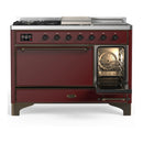ILVE Majestic III 48-inch Dual Fuel Range with 5 Liquid Propane Burner, Griddle, French Top and Solid Door Electric Oven in Burgundy with Burnished Trim (UM48FSQNR3BUBLP)