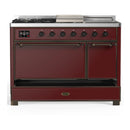 ILVE Majestic III 48-inch Dual Fuel Range with 5 Natural Gas Burner, Griddle, French Top and Solid Door Electric Oven in Burgundy with Burnished Trim (UM48FSQNR3BUB)