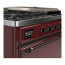 ILVE Majestic III 48-inch Dual Fuel Range with 5 Natural Gas Burner, Griddle, French Top and Solid Door Electric Oven in Burgundy with Burnished Trim (UM48FSQNR3BUB)
