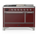 ILVE Majestic III 48-inch Dual Fuel Range with 5 Natural Gas Burner, Griddle, French Top and Solid Door Electric Oven in Burgundy with Chrome Trim (UM48FSQNR3BUC)
