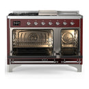 ILVE Majestic III 48-inch Dual Fuel Range with 5 Natural Gas Burner, Griddle, French Top and Solid Door Electric Oven in Burgundy with Chrome Trim (UM48FSQNR3BUC)