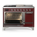 ILVE Majestic III 48-inch Dual Fuel Range with 5 Liquid Propane Burner, Griddle, French Top and Solid Door Electric Oven in Burgundy with Chrome Trim (UM48FSQNR3BUCLP)