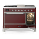 ILVE Majestic III 48-inch Dual Fuel Range with 5 Natural Gas Burner, Griddle, French Top and Solid Door Electric Oven in Burgundy with Chrome Trim (UM48FSQNR3BUC)