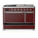 ILVE Majestic III 48-inch Dual Fuel Range with 5 Natural Gas Burner, Griddle, French Top and Solid Door Electric Oven in Burgundy with Chrome Trim (UM48FSQNR3BUC)