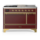 ILVE Majestic III 48-inch Dual Fuel Range with 5 Natural Gas Burner, Griddle, French Top and Solid Door Electric Oven in Burgundy with Brass Trim (UM48FSQNR3BUG)