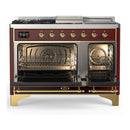 ILVE Majestic III 48-inch Dual Fuel Range with 5 Natural Gas Burner, Griddle, French Top and Solid Door Electric Oven in Burgundy with Brass Trim (UM48FSQNR3BUG)