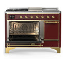 ILVE Majestic III 48-inch Dual Fuel Range with 5 Natural Gas Burner, Griddle, French Top and Solid Door Electric Oven in Burgundy with Brass Trim (UM48FSQNR3BUG)