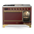 ILVE Majestic III 48-inch Dual Fuel Range with 5 Natural Gas Burner, Griddle, French Top and Solid Door Electric Oven in Burgundy with Brass Trim (UM48FSQNR3BUG)