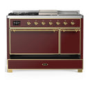 ILVE Majestic III 48-inch Dual Fuel Range with 5 Liquid Propane Burner, Griddle, French Top and Solid Door Electric Oven in Burgundy with Brass Trim (UM48FSQNR3BUGLP)