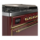 ILVE Majestic III 48-inch Dual Fuel Range with 5 Natural Gas Burner, Griddle, French Top and Solid Door Electric Oven in Burgundy with Brass Trim (UM48FSQNR3BUG)
