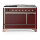 ILVE Majestic III 48-inch Dual Fuel Range with 5 Natural Gas Burner, Griddle, French Top and Solid Door Electric Oven in Burgundy with Copper Trim (UM48FSQNR3BUP)