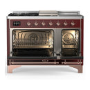 ILVE Majestic III 48-inch Dual Fuel Range with 5 Natural Gas Burner, Griddle, French Top and Solid Door Electric Oven in Burgundy with Copper Trim (UM48FSQNR3BUP)
