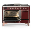 ILVE Majestic III 48-inch Dual Fuel Range with 5 Natural Gas Burner, Griddle, French Top and Solid Door Electric Oven in Burgundy with Copper Trim (UM48FSQNR3BUP)