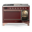 ILVE Majestic III 48-inch Dual Fuel Range with 5 Natural Gas Burner, Griddle, French Top and Solid Door Electric Oven in Burgundy with Copper Trim (UM48FSQNR3BUP)
