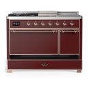 ILVE Majestic III 48-inch Dual Fuel Range with 5 Natural Gas Burner, Griddle, French Top and Solid Door Electric Oven in Burgundy with Copper Trim (UM48FSQNR3BUP)