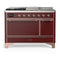 ILVE Majestic III 48-inch Dual Fuel Range with 5 Liquid Propane Burner, Griddle, French Top and Solid Door Electric Oven in Burgundy with Copper Trim (UM48FSQNR3BUPLP)