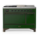 ILVE Majestic III 48-inch Dual Fuel Range with 5 Natural Gas Burner, Griddle, French Top and Solid Door Electric Oven in Emerald Green with Burnished Trim (UM48FSQNR3EGB)