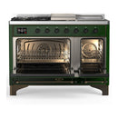 ILVE Majestic III 48-inch Dual Fuel Range with 5 Natural Gas Burner, Griddle, French Top and Solid Door Electric Oven in Emerald Green with Burnished Trim (UM48FSQNR3EGB)