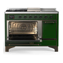 ILVE Majestic III 48-inch Dual Fuel Range with 5 Natural Gas Burner, Griddle, French Top and Solid Door Electric Oven in Emerald Green with Burnished Trim (UM48FSQNR3EGB)