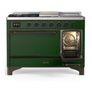 ILVE Majestic III 48-inch Dual Fuel Range with 5 Natural Gas Burner, Griddle, French Top and Solid Door Electric Oven in Emerald Green with Burnished Trim (UM48FSQNR3EGB)