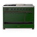 ILVE Majestic III 48-inch Dual Fuel Range with 5 Natural Gas Burner, Griddle, French Top and Solid Door Electric Oven in Emerald Green with Burnished Trim (UM48FSQNR3EGB)