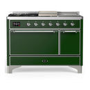 ILVE Majestic III 48-inch Dual Fuel Range with 5 Natural Gas Burner, Griddle, French Top and Solid Door Electric Oven in Emerald Green with Chrome Trim (UM48FSQNR3EGC)