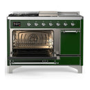 ILVE Majestic III 48-inch Dual Fuel Range with 5 Natural Gas Burner, Griddle, French Top and Solid Door Electric Oven in Emerald Green with Chrome Trim (UM48FSQNR3EGC)