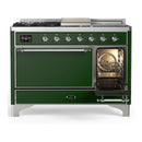 ILVE Majestic III 48-inch Dual Fuel Range with 5 Liquid Propane Burner, Griddle, French Top and Solid Door Electric Oven in Emerald Green with Chrome Trim (UM48FSQNR3EGCLP)